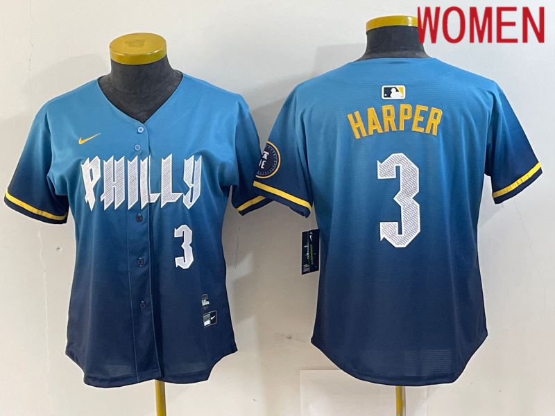 Women Philadelphia Philies 3 Bryce Harper Nike Blue 2024 City Connect Limited Player Jersey style 6